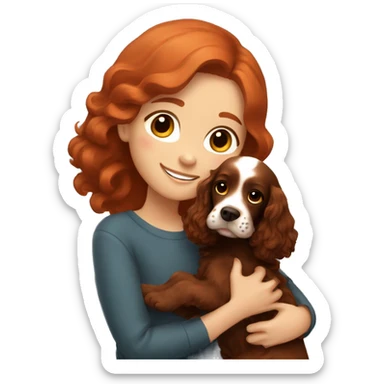 A very cute girl with red hair cuddling a happy all-brown English Cocker Spaniel. sticker