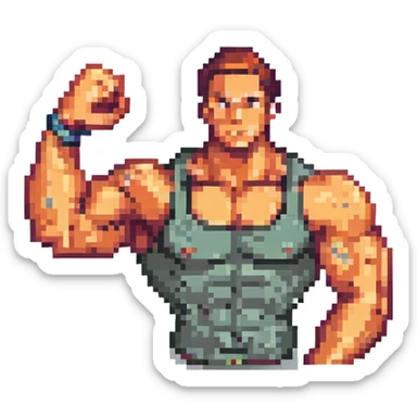 muscular arm flexing to show strength, simple and bold design, pixel art style sticker