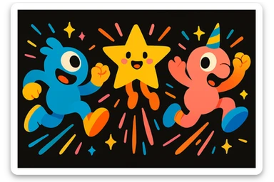 Unify the visual effects across all three mascots: use the same style of colorful motion lines, sparkles, and dynamic accents around each character, matching the playful, energetic, and imaginative vibe for a black website background. Enhance the playful, energetic, and imaginative vibe with consistent colorful motion lines, sparkles, and dynamic accents. sticker