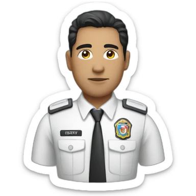 A PERUVIAN SECURITY AGENT, IN A BLUE VEST AND WHITE SHIRT. sticker