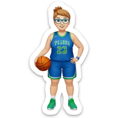 Full Body plus size white female basketball player with short light brown hair with carmel highlights spike hair wearing blue glasses 
 wide nose wearing blue green uniform  green sneakers smiling  sticker