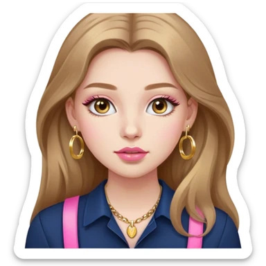 make a girl with long light brown hair who’s white and lashes and pink lips and mascara and highlighter and blush and a gold hoops and a necklace preferably gold and a navy shirt sticker