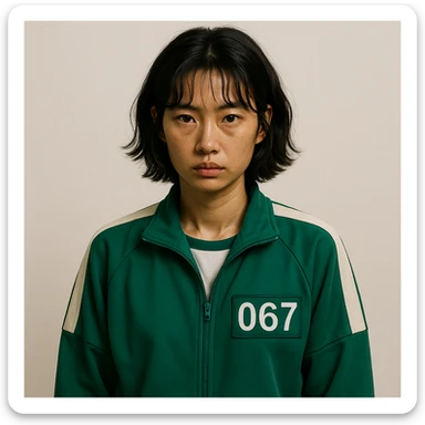 Squid Game woman character wearing iconic green tracksuit, short hair, serious expression, simple background sticker