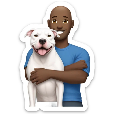 bald white man no beard with blue eyes and blue tshirt Hugging large gray smiling pit bull sticker