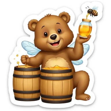 A cheerful brown bear sitting on its hind legs, happily eating golden honey from a wooden barrel with a big smile, surrounded by a few buzzing bees and honey dripping from its paws. Simple, cartoonish style, vibrant colors, and a playful atmosphere. sticker