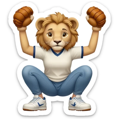 friendly anthropomorphised female lion wearing a baseball shirt, jeans, and trainers, in a squat position, lifting something up sticker