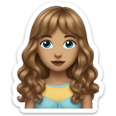 girl with long brown wavy hair with curtain bangs, blue eyes, and high cheekbones sticker