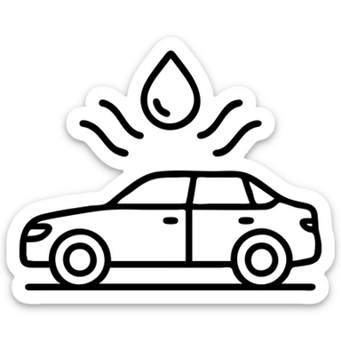 outlined icon of a full premium vehicle with glossy black paint, water droplet sliding on the hood or roof, clean lines, subtle repellent effect with water lines moving away, modern and simple sticker