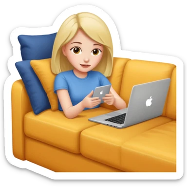 A girl is working with a laptop while lying on the sofa sticker
