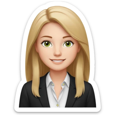 confident CEO named Freya McOmish, smiling, hazel green eyes, straight long hair parted in the middle, subtle freckles, modern business style, broad shoulders, wearing black sticker