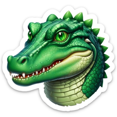 Cinematic Noble Crocodile Portrait Emoji, Poised and regal, with a powerful, elongated build and a rugged, scaly emerald-green hide, piercing cold eyes, Simplified yet sharp and sophisticated features, highly detailed, glowing with a soft, dignified glow, high shine, intelligent and formidable, stylized with an air of ancient might, focused and attentive, soft glowing outline, capturing the essence of a watchful and commanding reptile, so majestic it feels as though it could silently slide out of the screen with effortless authority! sticker