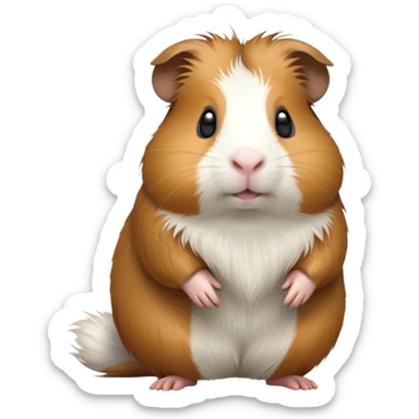 cinematic-[guinea pig]-realistic-full- long elongated body-standing-emoji,-tiny-paws-tucked-close,-head-tilted-dramatically,-fluffy-[brown and white]-fur,-simplified-yet-realistic-focused-features,-highly-detailed,-glowing-with-an-almost-sarcastic-glow sticker