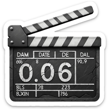 Minimalist emoji-style sticker of a cracked movie clapperboard with the date “06/06/66”, faint scorched marks, all in grayscale


 sticker