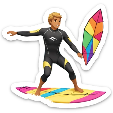 A kite surfer gliding across the ocean, with a colorful kite soaring high in the sky and the surfer carving through the waves. The scene captures the energy and freedom of the sport, with the sun shining and the ocean's waves splashing around. sticker