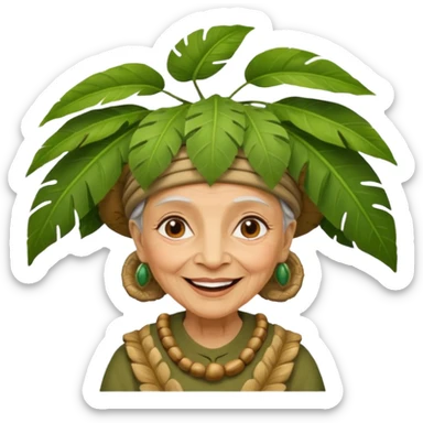 a old woman with jungle wearing a large leaf headgear bye  sticker