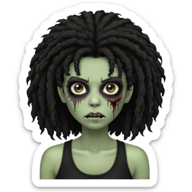 a female zombie with sage green skin, black long afro hair, eyelashes and a black tank top sticker