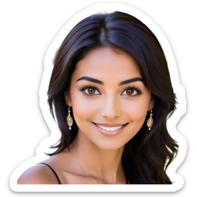 Her dark chocolate hair falls in almost unnoticeable waves, framing her deep brown eyes, which shine with warmth and sincerity. Long, dark lashes accentuate their gentle depth, while naturally arched black eyebrows give her gaze a touch of quiet confidence. Her full smile brightens her face, revealing a hint of  just a dimple. A bit of delicate jewelry catches the light, adding to her effortless charm. sticker