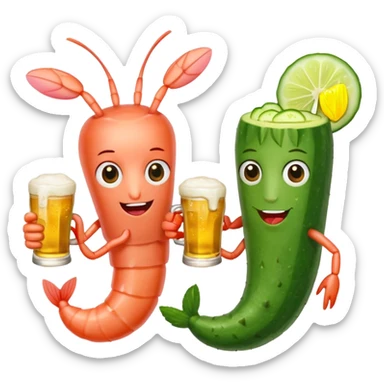 Create a modern emoji-style illustration of two shrimp characters, friendly and cool, slightly cartoon but stylish, not childish.
They are toasting (‘salud’), one shrimp holding a beer mug with aguachile topping, the other holding a fresh aguachile bowl with cucumber and chili.
  sticker
