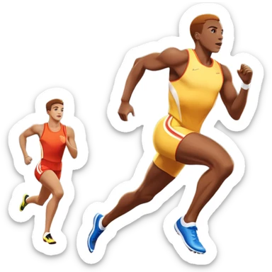 An icon featuring a vibrant stadium with cheering fans, bright lights, and a clear sky. an athlete sprinting on a track, with powerful strides and determination. The athlete's motion is dynamic, emphasizing speed and competition. sticker