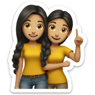 2 girls with dark hair wearing mustard yellow shirts and posing peace sign while the other poses thumbs up sticker