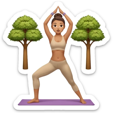 Mixed-race woman with caramel skin, slim thick figure, wearing a beige sports bra and leggings, doing a yoga tree pose, pastel background sticker