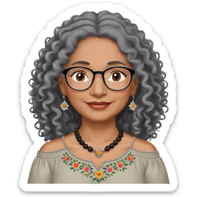 Latina woman, about 55 years old, dark warm brown skin, round soft face, long curly black and gray hair, no headband, medium eyes, thin eyebrows, gentle smile, delicate eyeglasses, gray peasant blouse with embroidery, bare shoulders, large dark necklace sticker