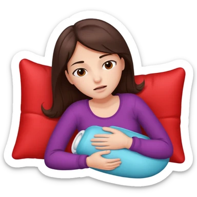 only one brunette girl, with a pain face, lying on her side suffering from menstrual cramps, has a hot water bottle on her stomach. sticker