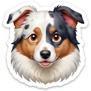 Cinematic Cute Calico Australian Shepherd Portrait Emoji, Head tilted playfully and inquisitively, predominantly white coat with patches of black, tan, and red calico merle markings, round, sparkling blue eyes filled with curiosity, Simplified yet irresistibly adorable features, highly detailed, glowing with a warm, friendly glow, high shine, affectionate and lively, stylized with a touch of whimsy, bright and endearing, soft glowing outline, capturing the essence of a mischievous yet loving pup, so playful it feels like it could bound out of the screen and into your arms! sticker