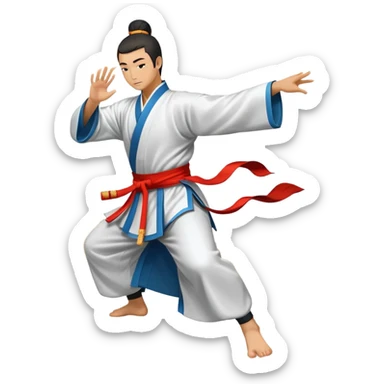 Emblem symbolizing Wushu martial arts. A graceful martial artist performs a dynamic kung fu pose, with flowing movements and a long, elegant robe. The background features stylized clouds and traditional Chinese symbols, representing fluidity, balance, and precision. Transparent background. sticker