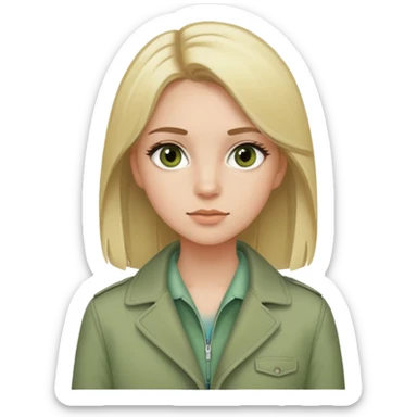 girl with straight blonde hair, fair skin, brown eyes, wearing mascara and a sage green jacket sticker