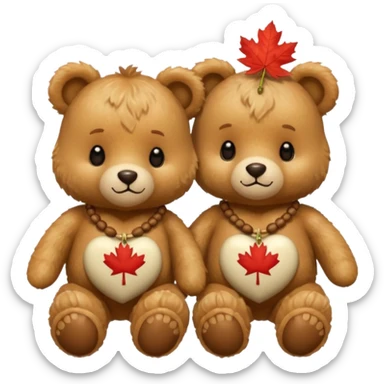 2 fluffy Teddy bears in love. One has an acorn necklace and the other has a maple leaf necklace  sticker
