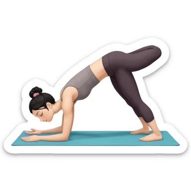 white girl with black long hair in a messy bun doing yoga position - downward facing dog sticker