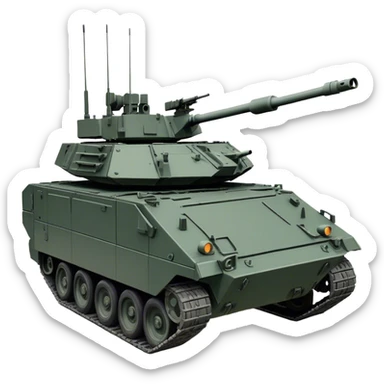 Stryker M1126 (2020) – Cinematic-realistic Stryker M1126 armored personnel carrier, its dark grey-green hull speeding down a war-torn street. The eight large tyres grip the cracked pavement as infantry hunker inside, the turret-mounted .50 cal machine gun scanning rooftops for threats under the eerie glow of distant fires. sticker