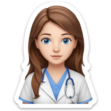 inside a classroom at university that says nursing school on the board with a pretty female nursing student with long brown hair, blue eyes sticker