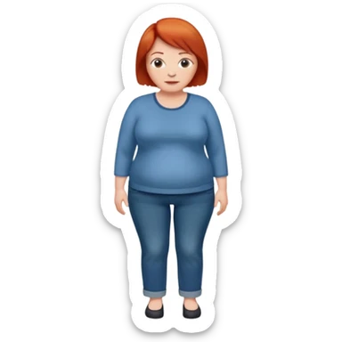 Lazy old Short woman with straight short red hair and fat tummy..wears business casual jeams and full sleeve  tshirt sticker
