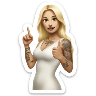 Blonde elegant women with LONG HAIR, her Body Covered with Tattoos, POINTING YOU FORWARD with her HAND with INDEX FINGER, Hyper Realistic sticker