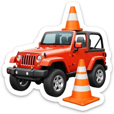 red Jeep Wrangler running over a completely all-white traffic cone with tire contact visible, no orange, no stripes, no markings, emoji style sticker
