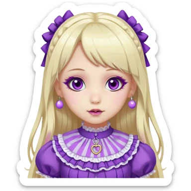 Ai pale girl , who has straight long length blonde and purple swirled hair , hazel eyes , and doll like makeup , with a septum piercing, nostril piercing, in a purple lolita hime gyaru dress emoji sticker