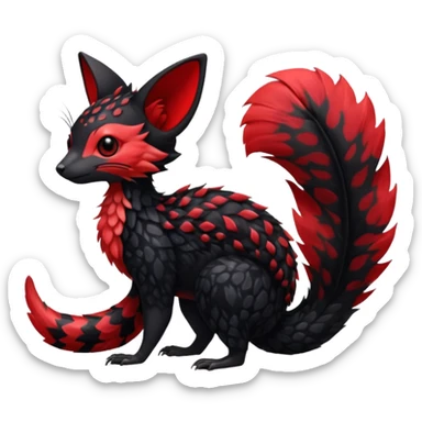 Feral Rare Fantasy shiny soft fuzzy furry vibrant tropical obsidian-black and crimson-red Vernid-Trico-species-creature by LiLaiRa, random markings, tufted tail, tufted ears, full body with markings sticker