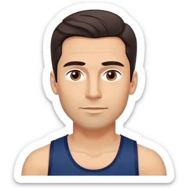 Youthful-looking athletic 40-year-old man with light brown skin, elongated face, defined jawline, attractive features, medium dark eyes, arched eyebrows, straight nose, confident expression, medium wavy dark hair with modern style, wearing a navy blue tank top sticker