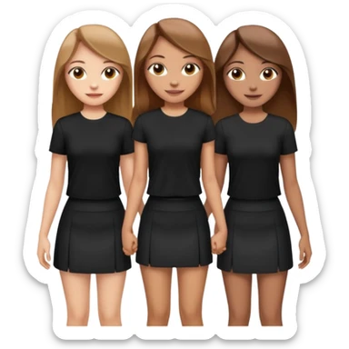 emoji of a girl with long, straight light brown hair, fair skin, soft brown eyes. Wearing a stylish black top and mini skirt. Full-height, standing confidently with shoulders back, head up, smiling proudly. Surrounded by 3 women next to her, holding hands. women have different eye color sticker