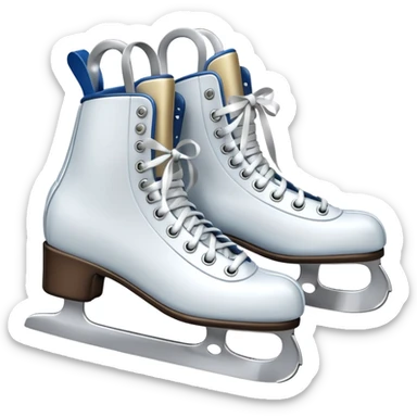 Стильные белые или кожаные коньки с перекрещенными шнурками.
> Prompt: 3D emoji of a pair of classic white ice skates tied together by laces.
Small festive silver bells attached to the laces. Sharp blades with a chrome metallic finish, smooth leathe sticker