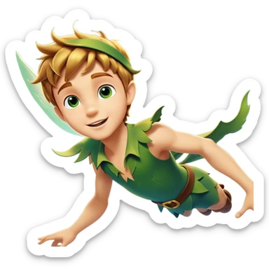 cinematic-realistic-peter-pan-portrait, head tilted dramatically with an exaggeratedly amused expression and sparkling eyes brimming with playful mischief, his iconic outfit rendered in vivid detail with dynamic shadows, soaring through the air. Next to him is a glowing Tinker Bell, whose delicate wings leave a trail of shimmering pixie dust across a whimsical sky. sticker