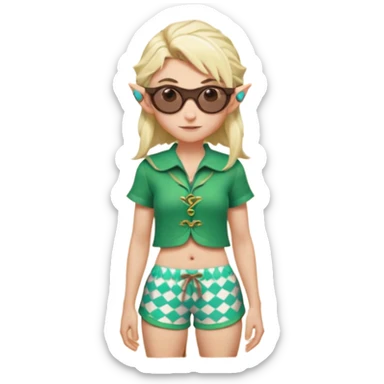 elf female legolas portrait, patterned board shorts (geometric/abstract), unique wooden-framed sunglasses, undercut hairstyle, slight smirk, visible pointy ears, no background, centered emoji, hipster summer vibe coctails sticker