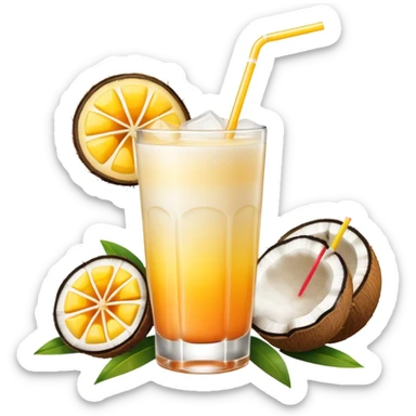 A beautiful cocktail with a creamy white to orange gradient, containing coconut juice and mango, reminiscent of summer. Above, there are tropical flowers, lemon slices, and a straws. sticker