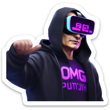 Vladimir Putin wearing a black hoodie with "OMG" letters on it and VR headset oculus quest 2 in a cyberpunk VR environment with violet neon lighting. sticker