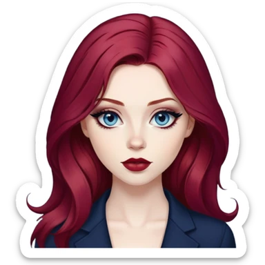 pretty baddie, wine red hair, cute lips, pale skin, long hair, dark blue eyes, bold black eyeliner sticker