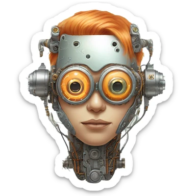 Pastel orange haired cyborg head with silver steampunk goggles and circuits sticker