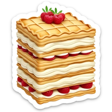 Mille-feuille Cinematic Realistic Mille-Feuille Dessert Emoji, depicted as a delicate pastry composed of two crisp layers of puff pastry with a rich cream filling, rendered with intricate textures and elegant, soft lighting. sticker