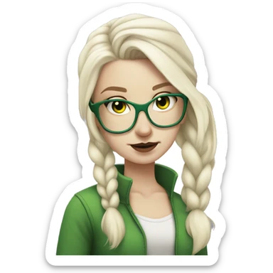 Pale white girl, platinum blonde hair in a pony tail, evil, green glasses sticker